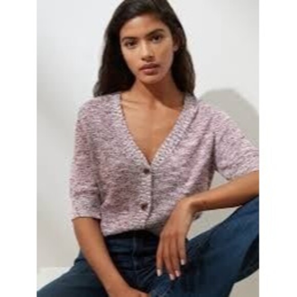 Banana Republic Factory Red Dahlia Short Sleeve Marled Button Down Cardigan Top - Picture 1 of 8